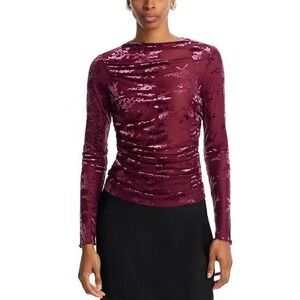 WAYF Womens Burnout Velvet Floral Mesh Ruched Long Sleeve Top Wine Red XS